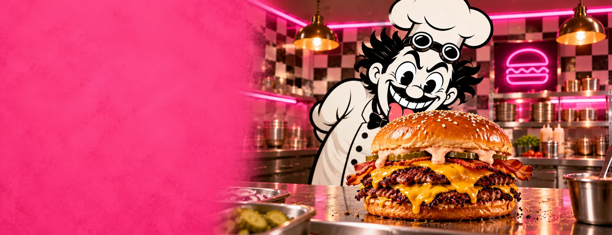 Burger doble completa en primer plano y el chef científico loco observándola de cerca