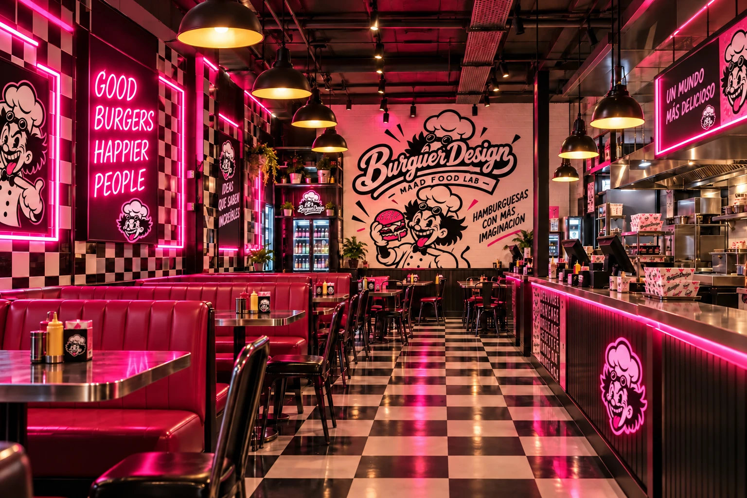 Interior de BurguerDesign con neones rosas y mesas de diner